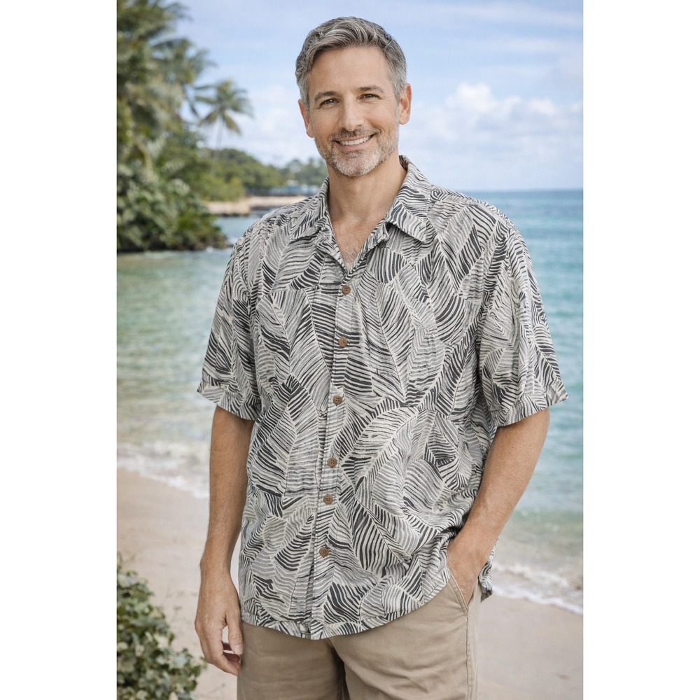 Tommy Bahama Mens XL 100% Silk Camp Shirt Black Gray Palm Leaf Hawaiian Tropical